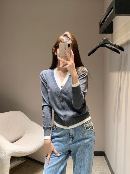 Prada Women's Gray Knit Cardigan Sweater with White Layered V-Neck 1 Prada Women's Gray Knit Cardigan Sweater with White Layered V-Neck
