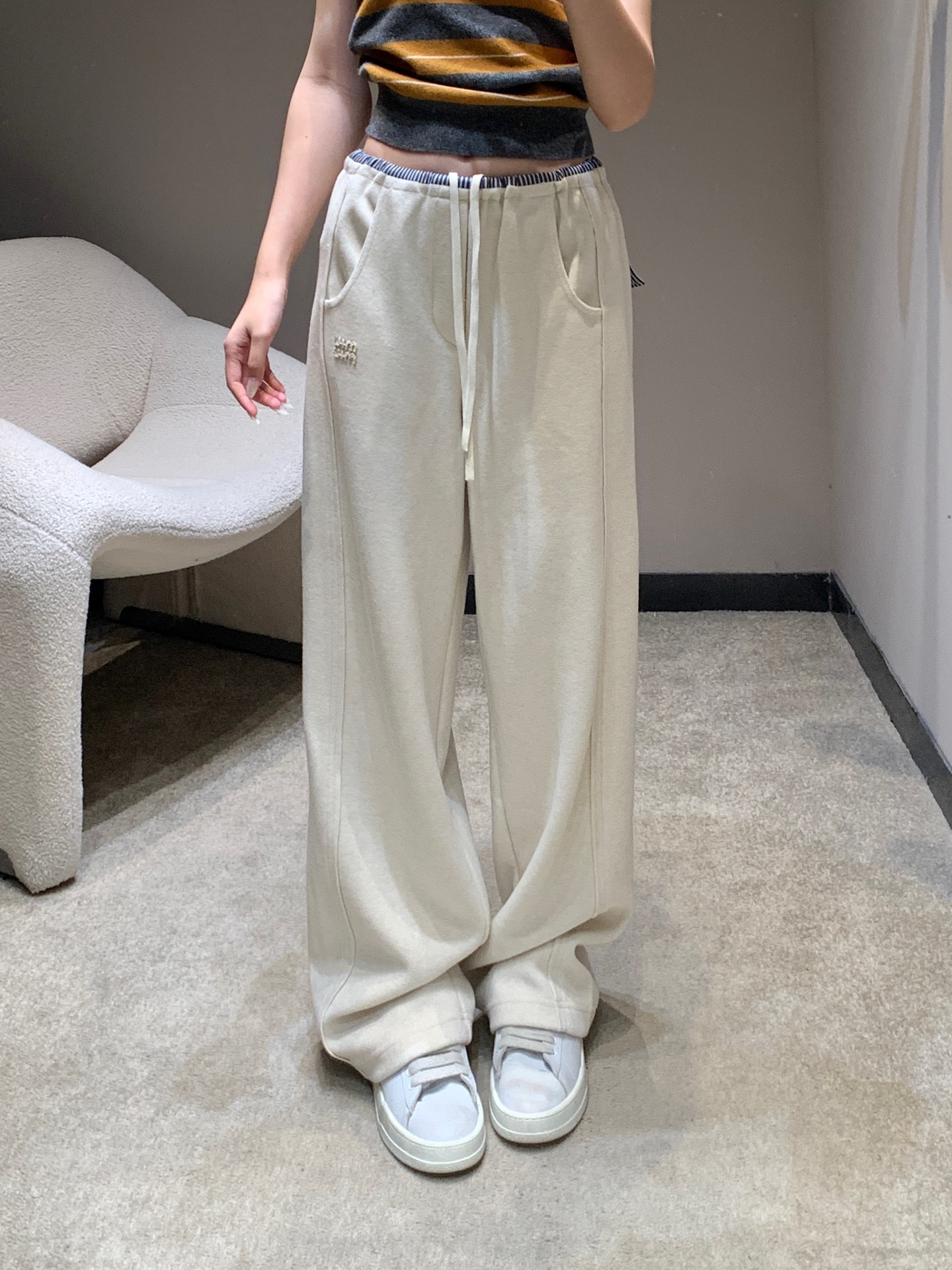 Miu Miu Women's Terry Cloth Sweatpants with Embroidered Logo, Drawstring Waist