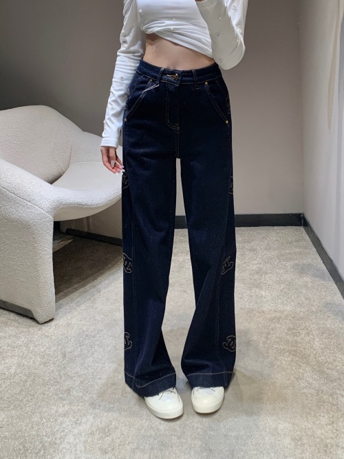 Chanel Women's High-Waisted Wide Leg Jeans with Embroidered Logo 1 Chanel Women's High-Waisted Wide Leg Jeans with Embroidered Logo