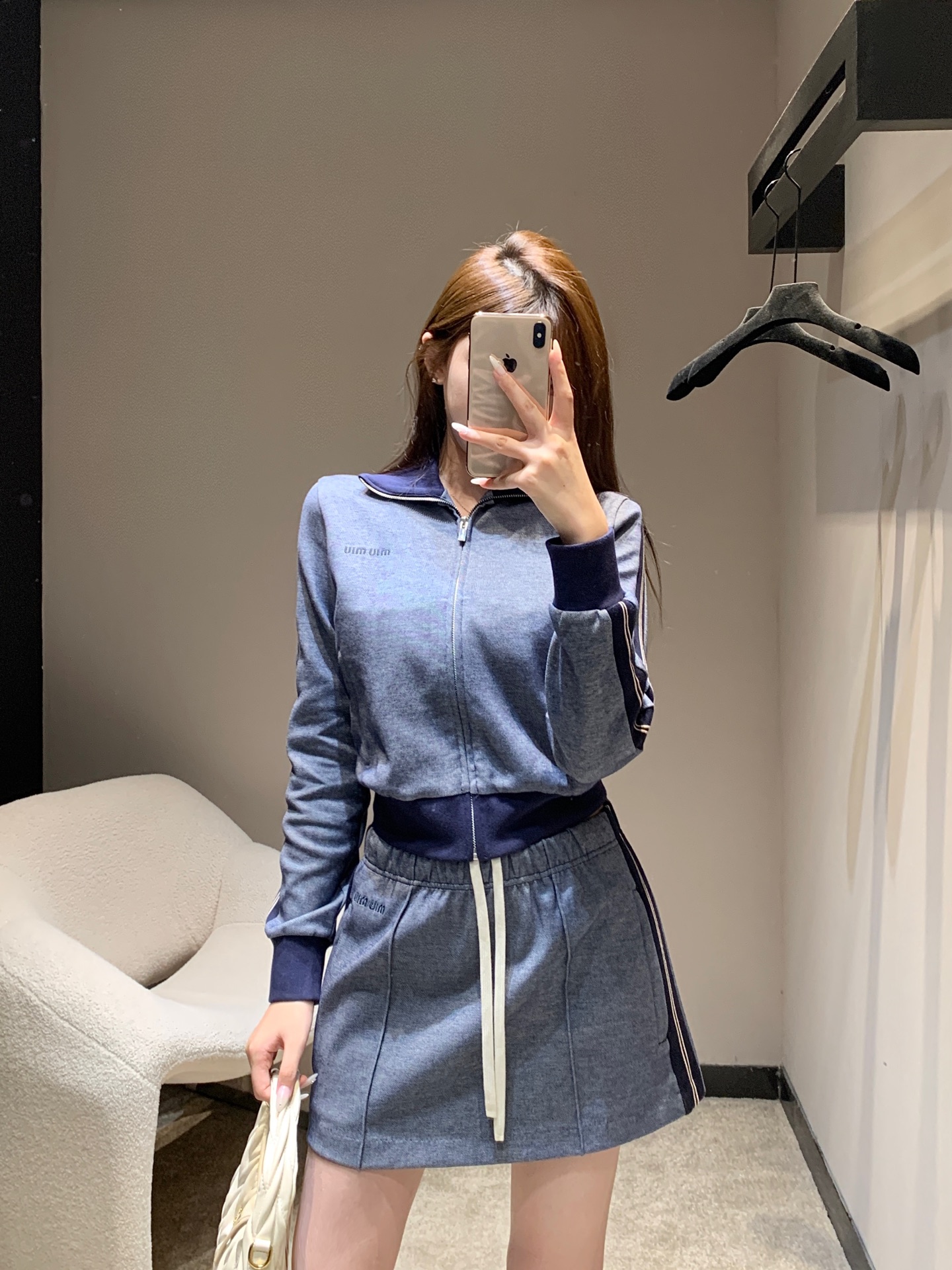 Miu Miu Women's Navy Blue Zip-Up Jacket and Skirt Set, Retro Sportswear