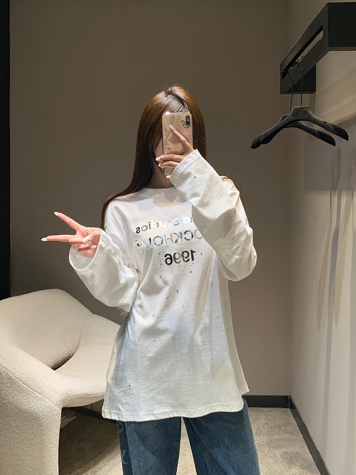 Acne Studios 1996 Mirror Print Rhinestone Long Sleeve T-Shirt
