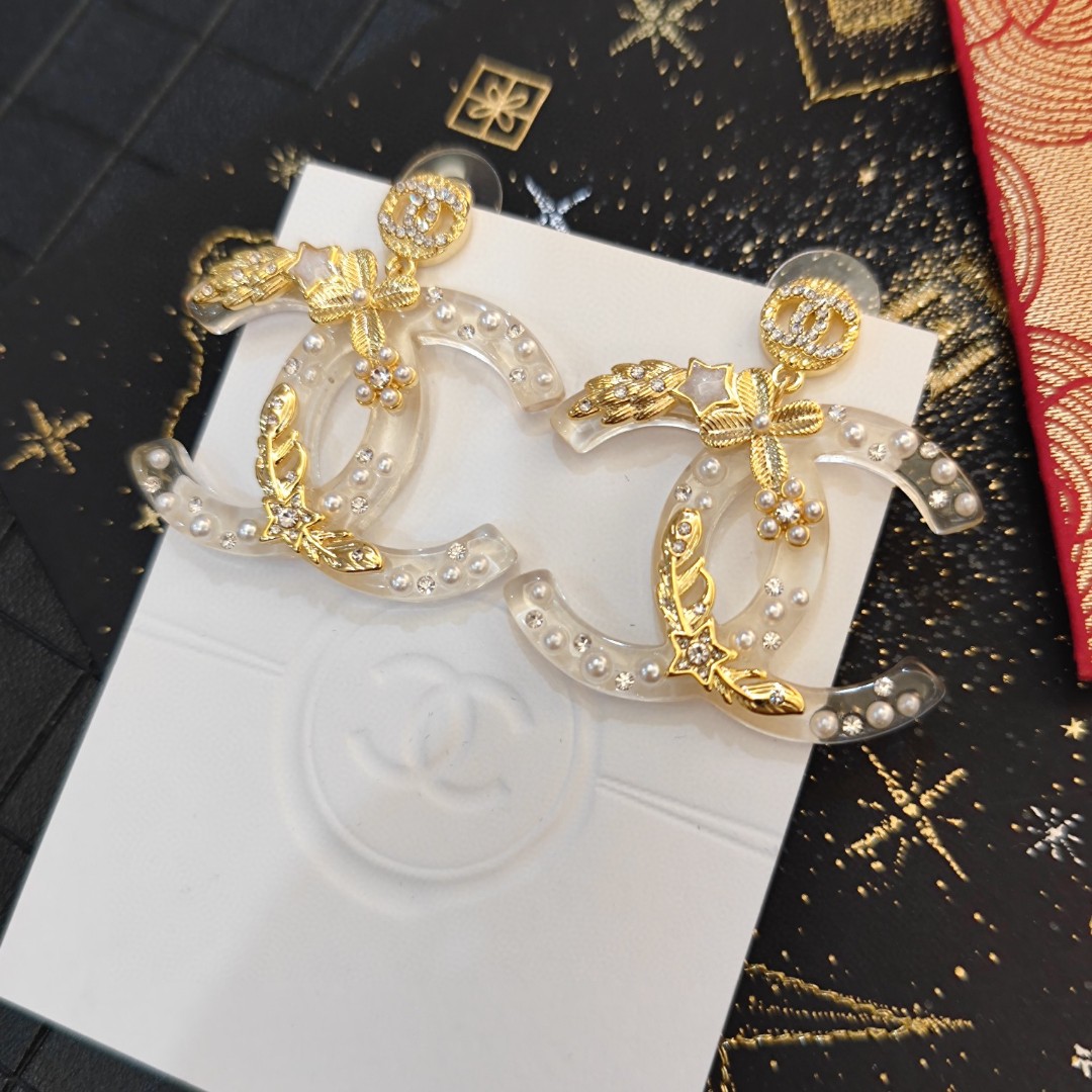 Chanel Transparent Crystal Pearl Camellia Logo Earrings Gold Color Flower