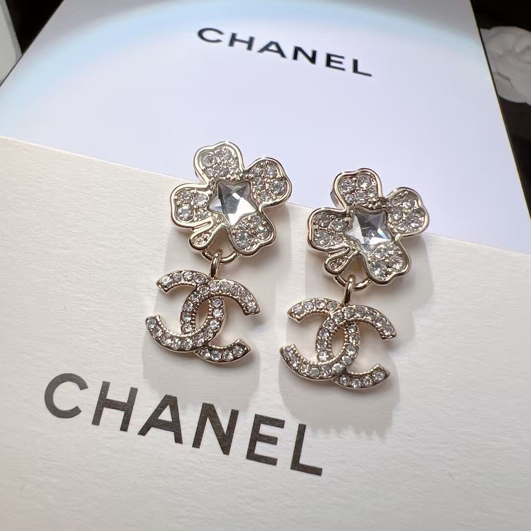 Chanel Earrings, Clover and Star Design, Rhinestone Accents, Perfect Gift