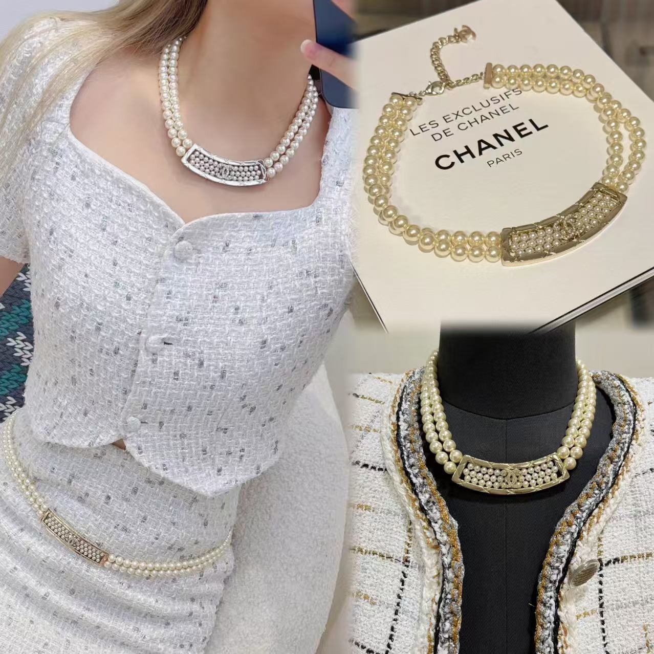 Chanel 辛芷蕾同款项钉 CHANE*双排珍珠字母项链