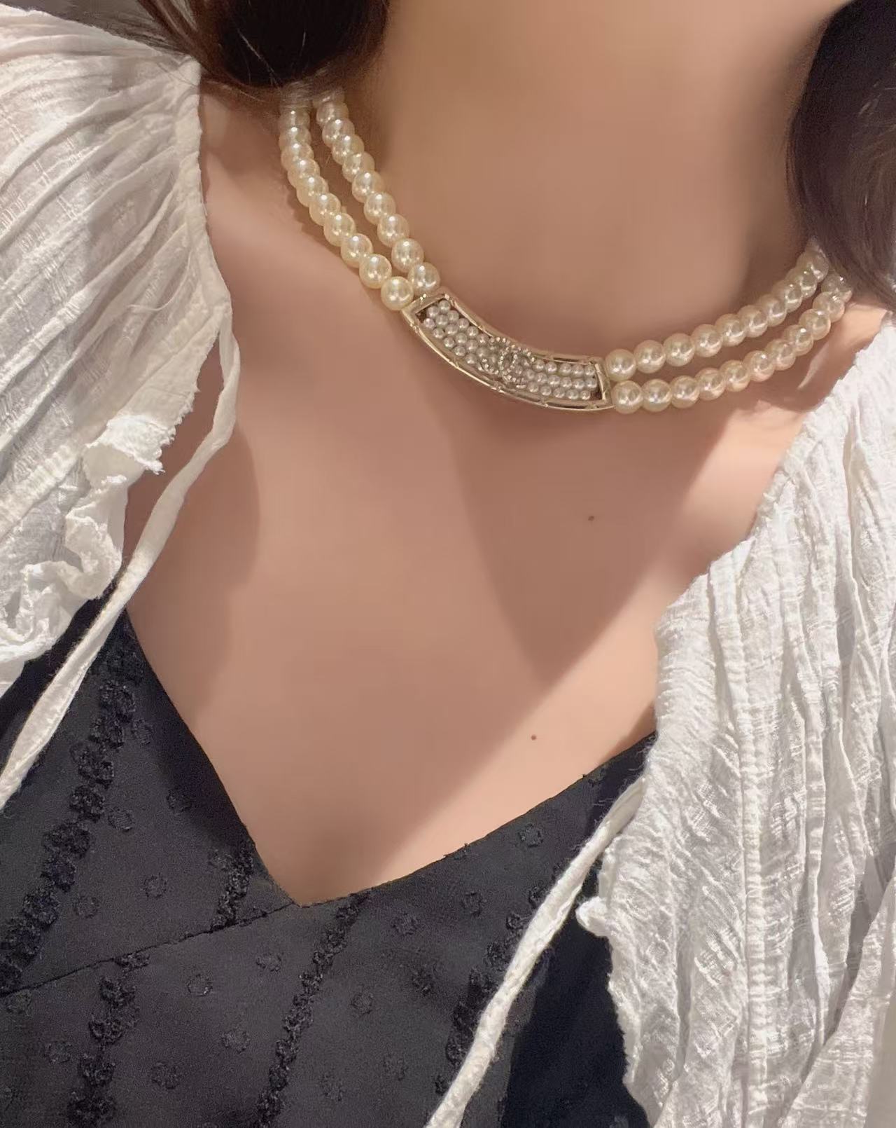 Chanel 辛芷蕾同款项钉 CHANE*双排珍珠字母项链
