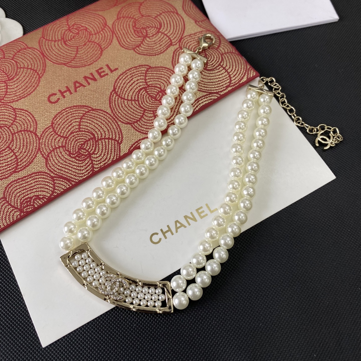 Chanel 辛芷蕾同款项钉 CHANE*双排珍珠字母项链