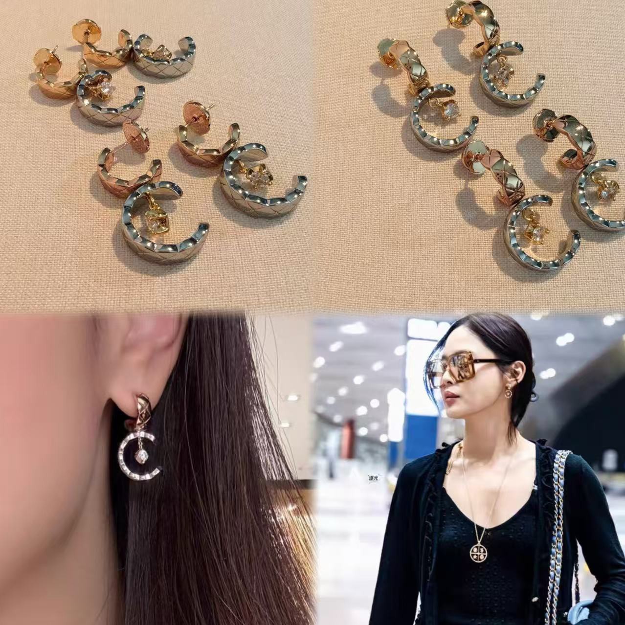 💘辛芷蕾同款✨ 精工高版 CHANE*小香 coco菱格双色晶钻圆环耳钉。热销款，市面最高版本，CNC 