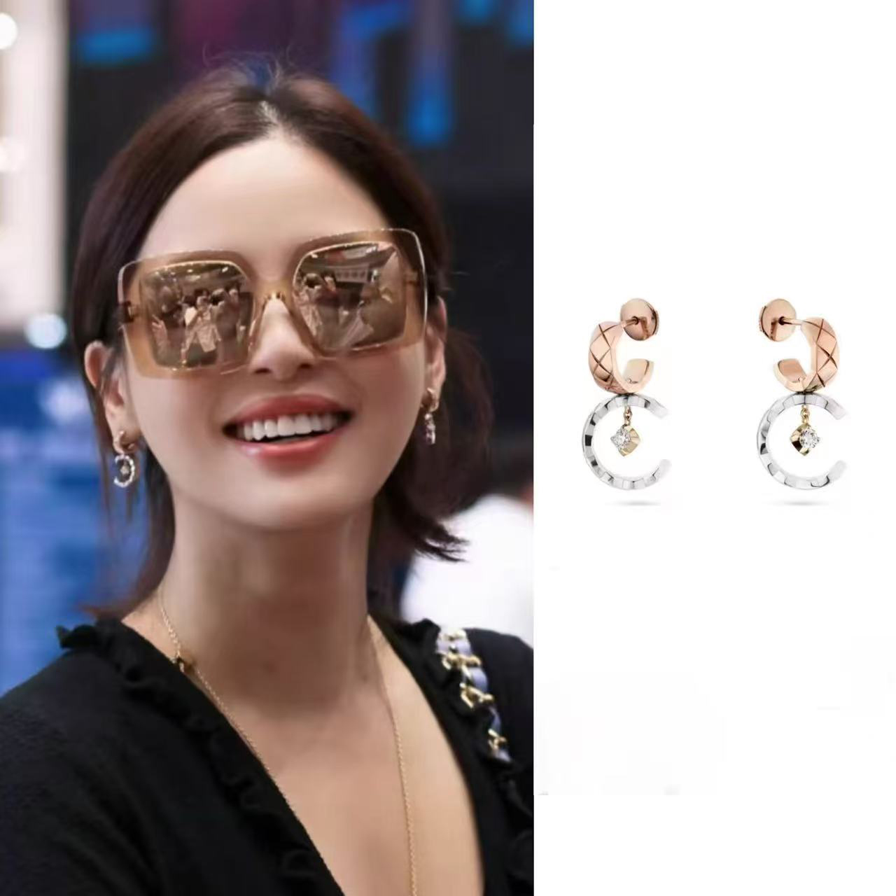 💘辛芷蕾同款✨ 精工高版 CHANE*小香 coco菱格双色晶钻圆环耳钉。热销款，市面最高版本，CNC 