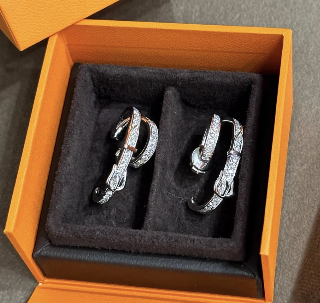 Hermes Buckle Double Hoop earrings silver-toned white gold with clear diamond accents 2cm hoop diameter
