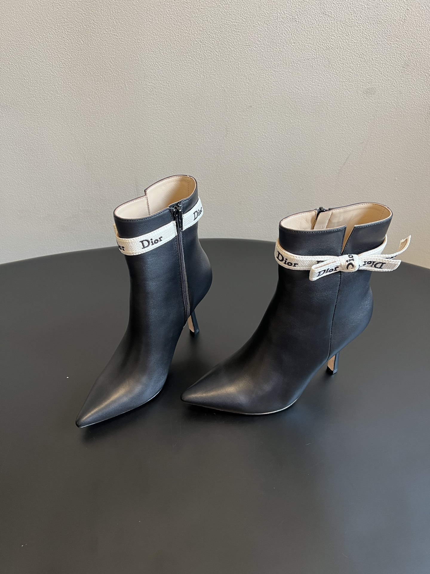 Dior Black Ribbon Pointed Ankle Boots