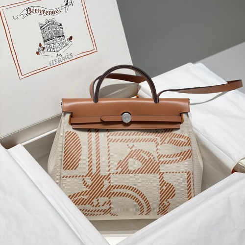 Designer Inspired Canvas and Leather Herbag Zip Handbag, Brown, 31cm