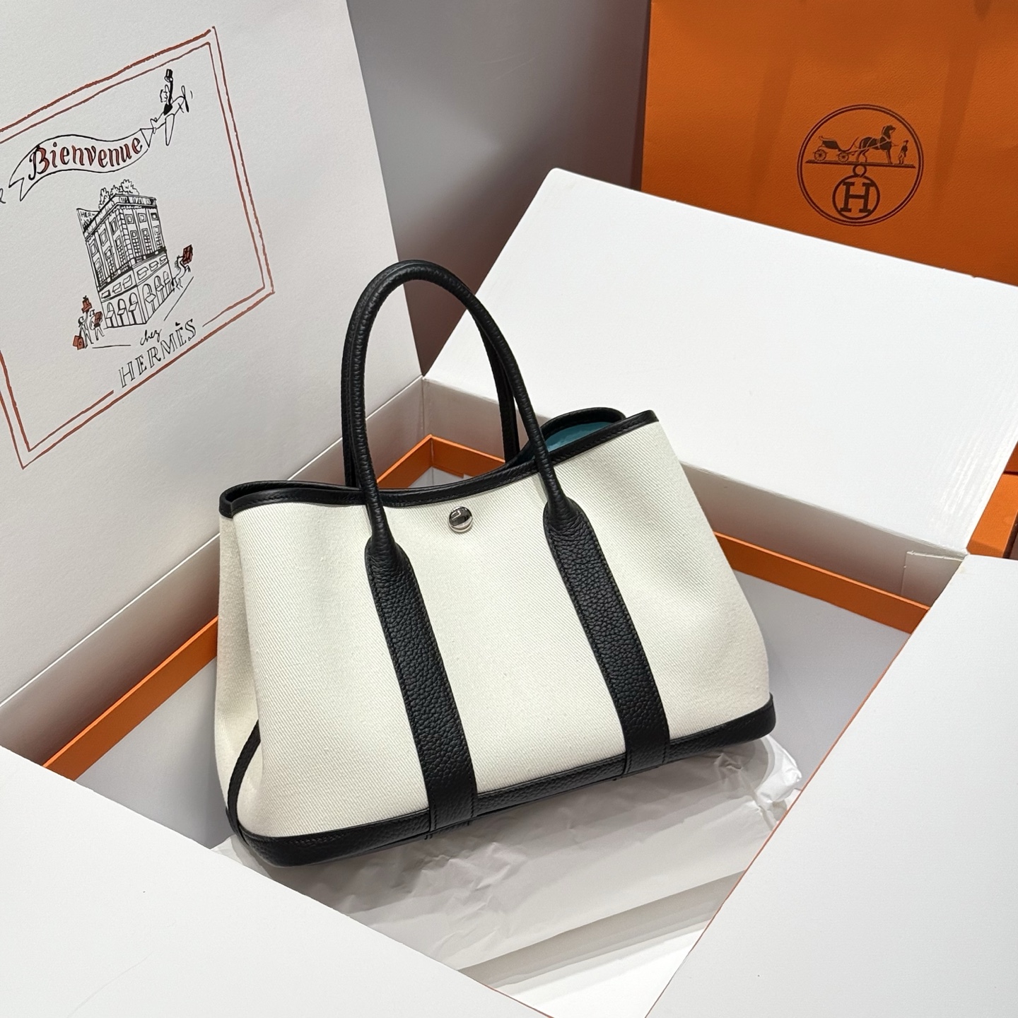 Hermès Garden Party Tote Bag Wool White and Black Leather 30cm 2 i1745204615252 4255 0 0