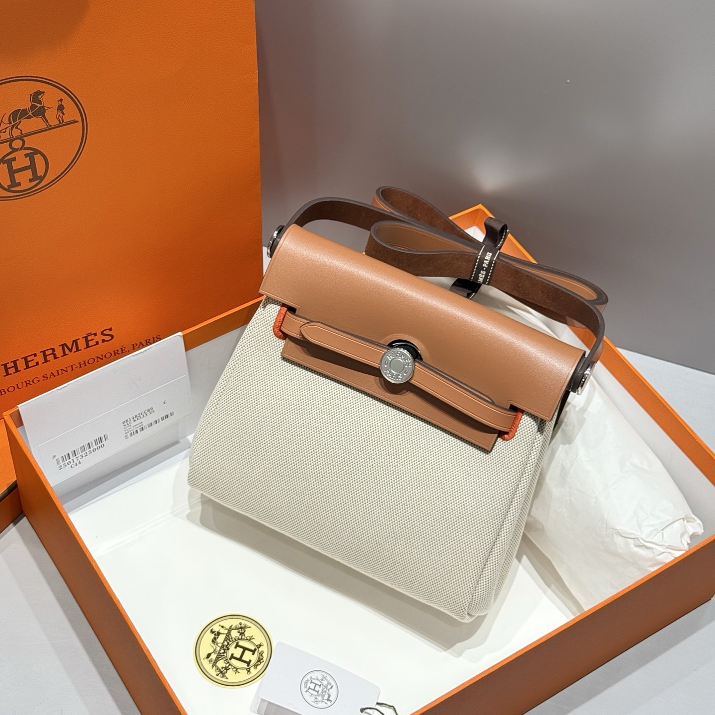Hermès Mini Herbag 20cm: Chic Gold Brown Canvas Crossbody Bag