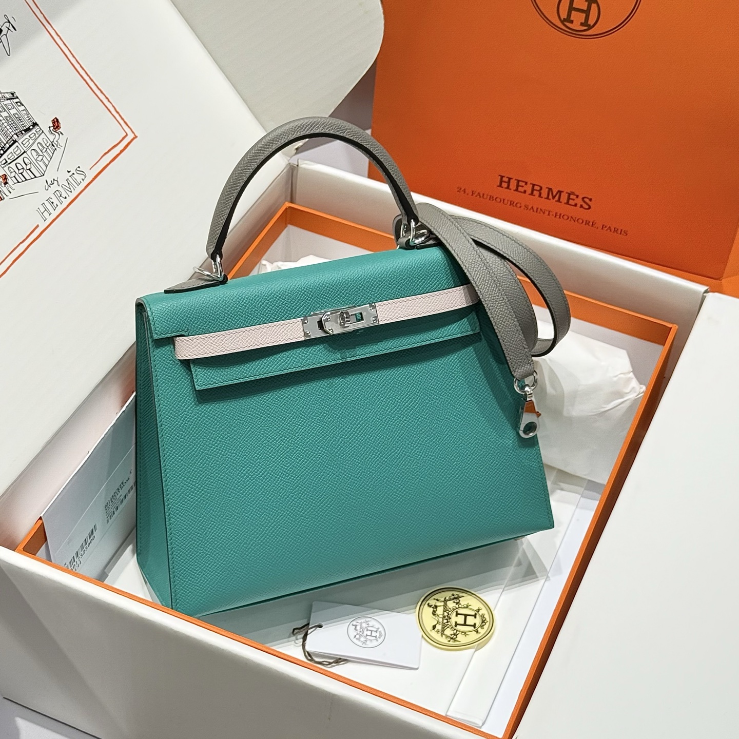 NO:699585,. Imported from Germany - _ / / Color_Cumulonimbus Gray/Milkshake White/Verona Green Hand-sewn -,Hermes,hermes,Hermes,19860909. 德国进口 -   _  / / 颜色_积雨云灰/奶昔白/维罗纳绿 手工缝制 -,爱马仕,hermes,Hermes,,Bag