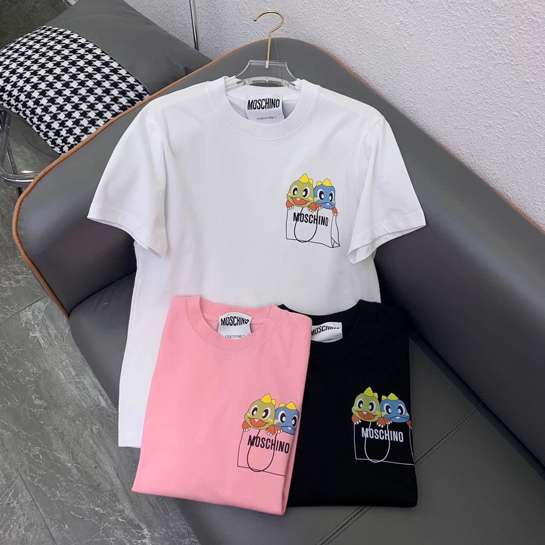 Moshi2024春夏新款简约购物袋️小龙字母印花T恤！黑色 白色 粉色SmL