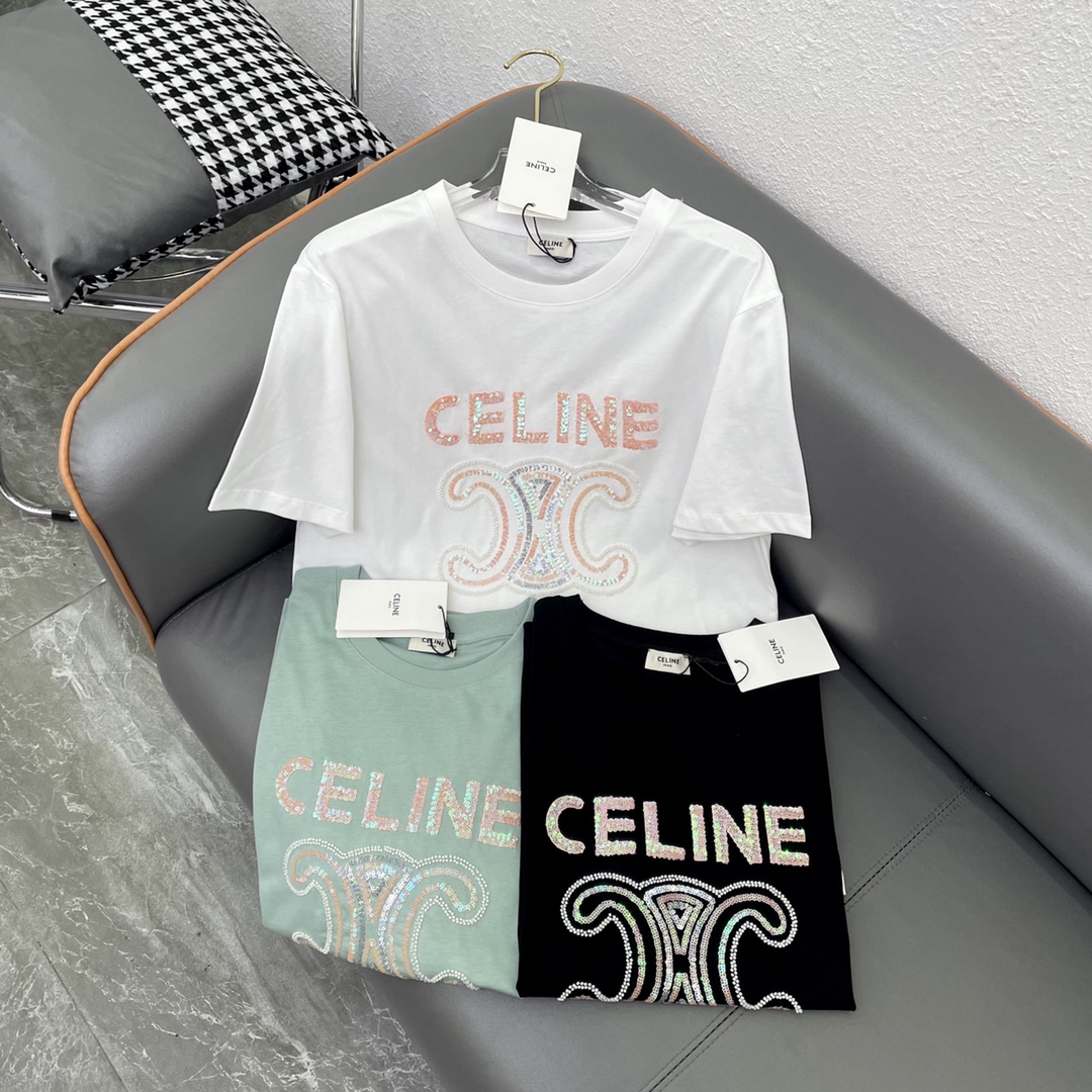 Celine2024春夏新款凯旋门刺绣字母珠片T恤！黑色 白色 绿色SmL