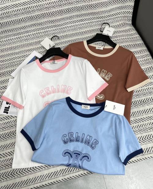 Celine Women's T-Shirt with Contrasting Trim and Logo Print - Spring Collection 1 Celine Women's T-Shirt with Contrasting Trim and Logo Print - Spring Collection