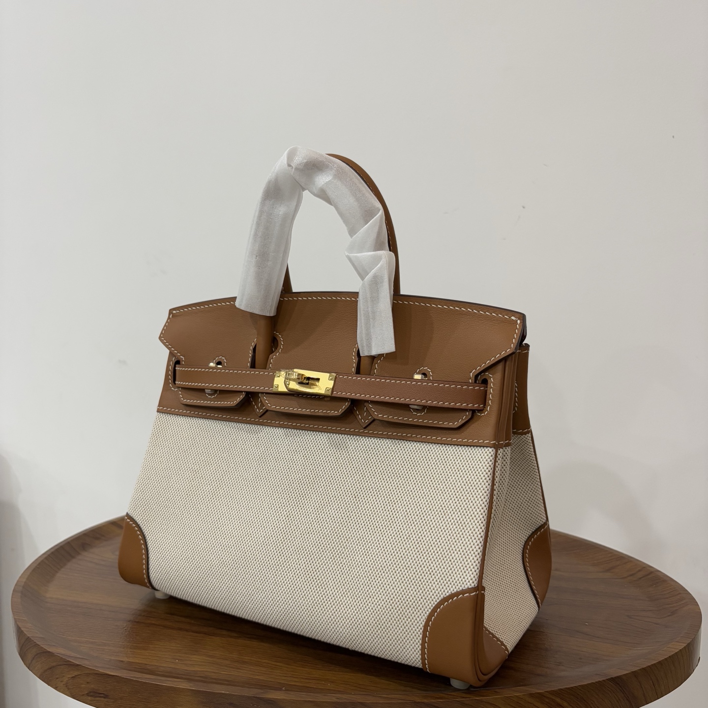 Hermès Hermes birkin 25 canvas and leather, golden brown, gold buckle, in stock