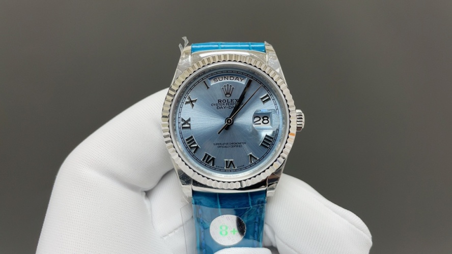 Rolex Day-Date 36mm Ice Blue Dial Fluted Bezel Leather Strap Watch 1 Rolex Day-Date 36mm Ice Blue Dial Fluted Bezel Leather Strap Watch