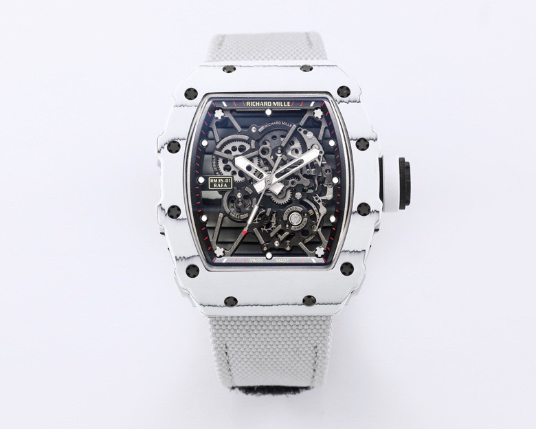 NO:882185,『New Factory-NEW Factory』[Ceiling] RICHARD MILLE Richard Mille RM 35-01 RAFAEL NADAL carbon fiber watch - as a ticket for billionaires (get a pair of cloth straps) 1 movement The highest version of the movement currently on the market, exclusively developed original RMUL3 hollow integrated movement, white sapphire shock absorber, after long-term testing, the stability is quite high, the movement is polished in place, (original synchronization) 2 Case imported NTT  It is a lightweight watch made of original textured carbon fiber, weighing only 50g. The inner tank and watch cover steel parts are made of titanium alloy and CNC high-precision machining, so that the watch case fits perfectly and seamlessly!  Truly original and authentic details. 3 Dial: The hollow dial with the classic black and red track inner shadow shows the unique charm of the watch. 4: The watch mirror is made of high-curved sapphire mirror and double-sided electroplated high-permeability film, which has an anti-glare effect, clear and exquisite. 5: The choice of natural rubber strap and woven Velcro strap,  6: Titanium alloy folding clasp, original mold opening, clear and three-dimensional engraving, perfectly restoring the original shape, the spring piece is also made of titanium metal, the elastic effect is better and more durable 7: The screws are all made of titanium metal electroplating dark gray process, synchronizing the original effect. 'New Factory-NEW Factory' achieves new breakthroughs and treats watch lovers with 'heart'.19860909『新厂-NEW Factory』【天花板】RICHARD MILLE理查德米勒RM 35-01 RAFAEL NADAL碳纤维腕表——作为亿万富豪的入场劵（送一副布带） 1机芯目前市场最高版本机芯,独家研发原装RMUL3镂空一体机芯、白宝石避震器、经过长期测试,稳定性相当高,机芯打磨到位,（原装同步） 2表壳进口NTT 原装纹路碳纤维打造、轻量 级表款,克重仅 50g、内胆与表盖钢件采用钛 合金材料、CNC 高精密加工、使表壳配合完美 无缝隙！真正做到原装正品细节. 3表盘:镂空表盘搭配经典黑红赛道内影展现腕 表独有魅力 4:表镜采用高弧度蓝宝石镜面双,并采用双面电镀高透膜,具有防眩效果,清晰而精致. 5:表带天然橡胶表带与编制魔术贴表带选 择、 6:表扣钛合金折叠表扣,原装开模,刻字清晰立体,完美还原正品形状,弹簧片同样采用钛金属,弹性效果更好更持久 7:螺丝全部采用钛金属电镀深灰色工艺,同步原装效果 『新厂-NEW Factory』实现新突破,用“心”对待腕表爱好者,,Watch