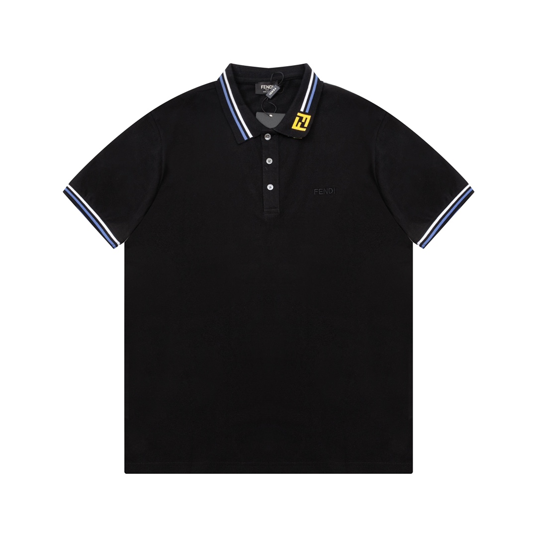 Fendi Clothing Polo T-Shirt Buy 1:1
 Black White Yellow Embroidery Cotton Summer Collection Short Sleeve