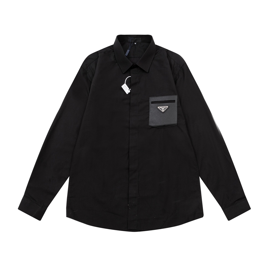 New Prad* Leather Pocket Triangle Logo Long-Sleeve Shirt 2024 Collection in Black & White - 图片 1