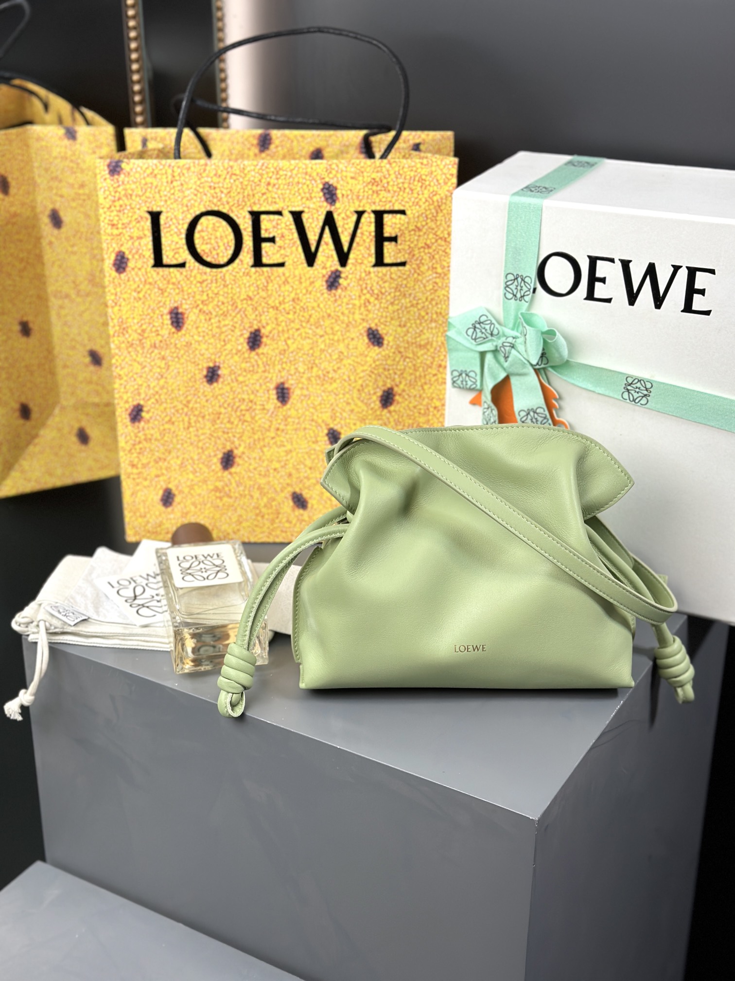 Loewe Flamenco Clutches & Pouch Bags Green Bronzing Men Calfskin Canvas Cotton Cowhide Sheepskin