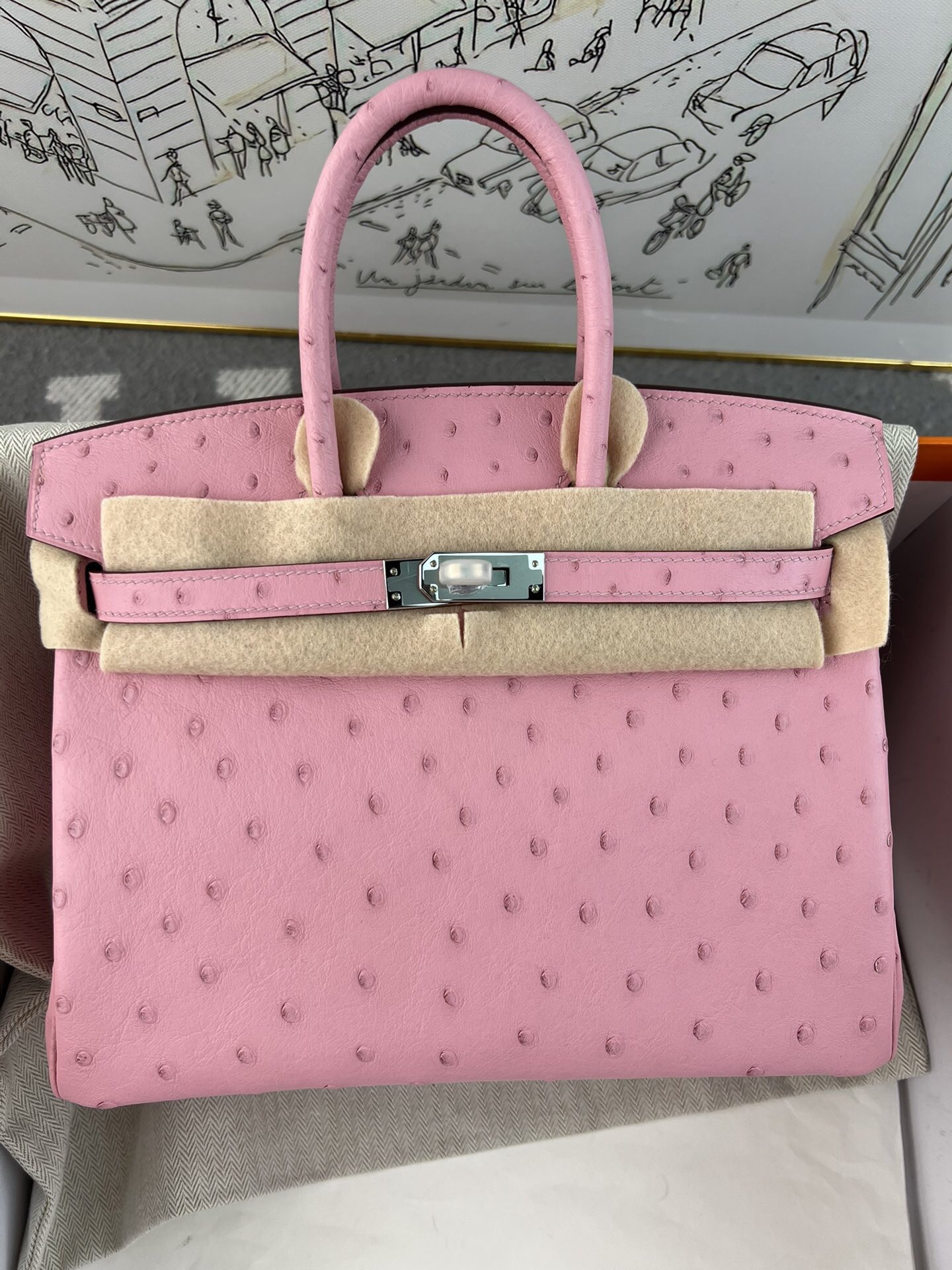 Birkin 铂金 25cm 进口kk鸵鸟皮，手工蜡线缝制，精钢五金，泡泡粉银扣