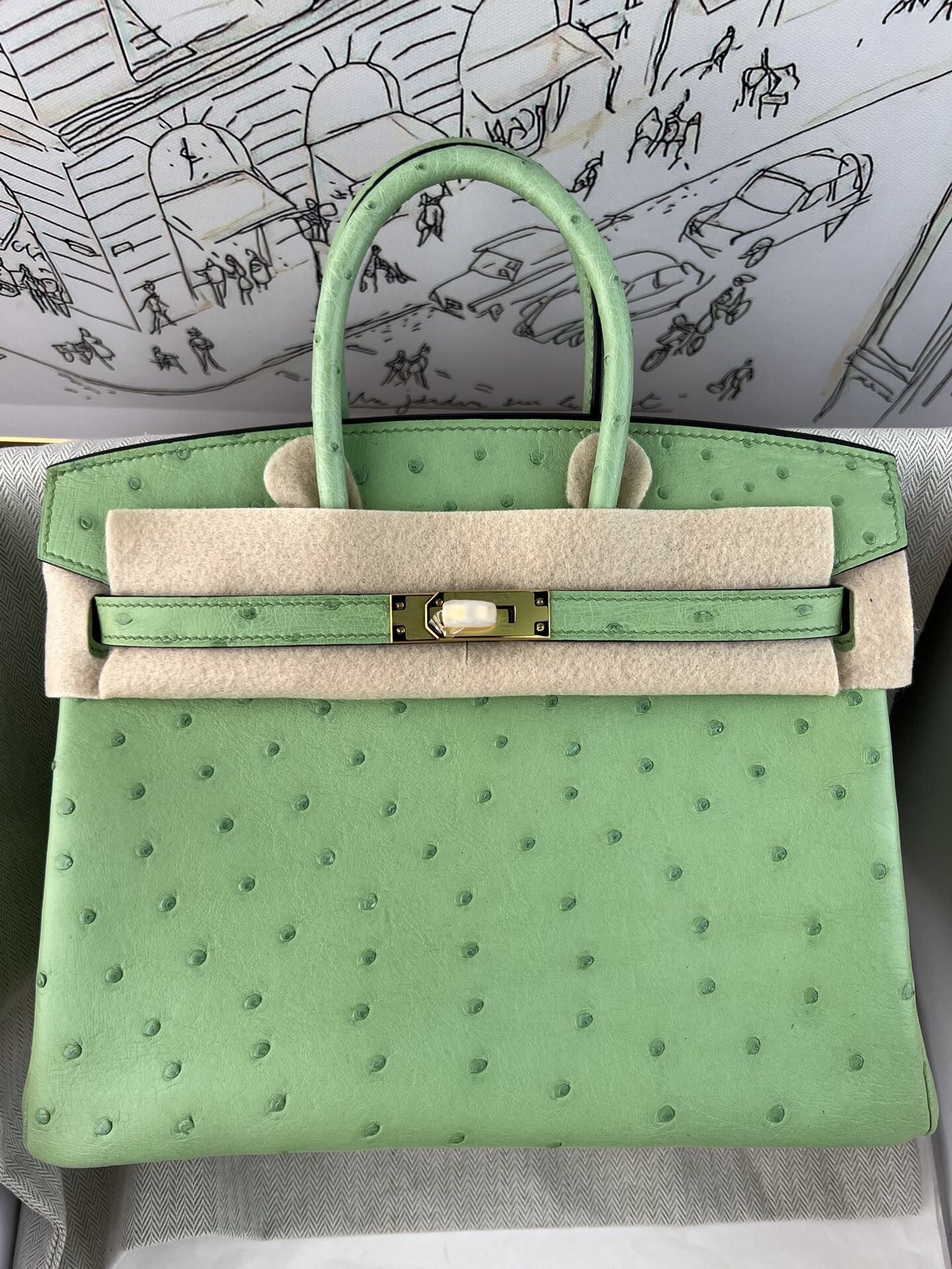 Birkin 铂金 25cm 进口kk鸵鸟皮，手工蜡线缝制，精钢五金，牛油果绿金扣
