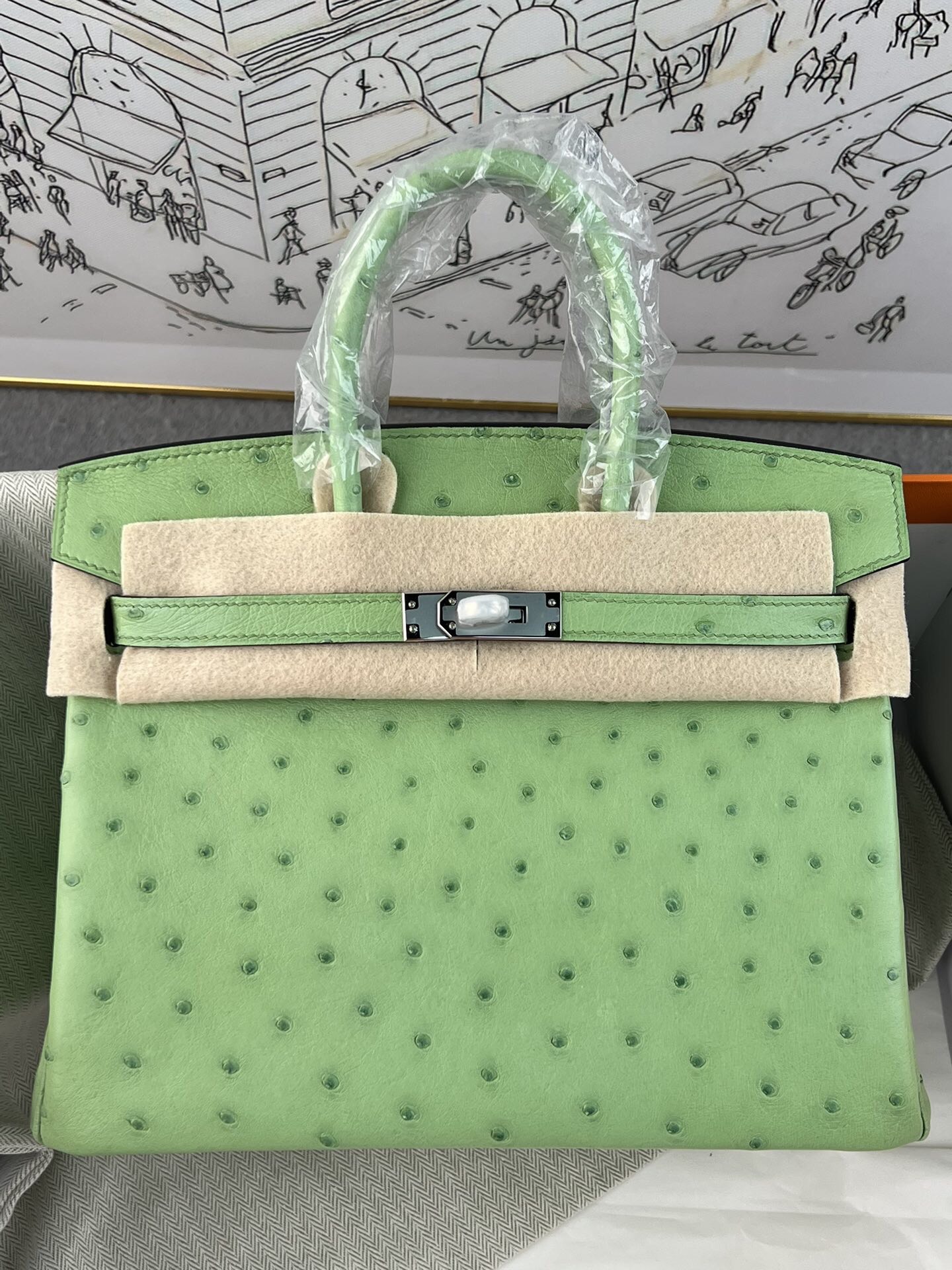 Birkin 铂金 25cm 进口kk鸵鸟皮，手工蜡线缝制，精钢五金，牛油果绿银扣