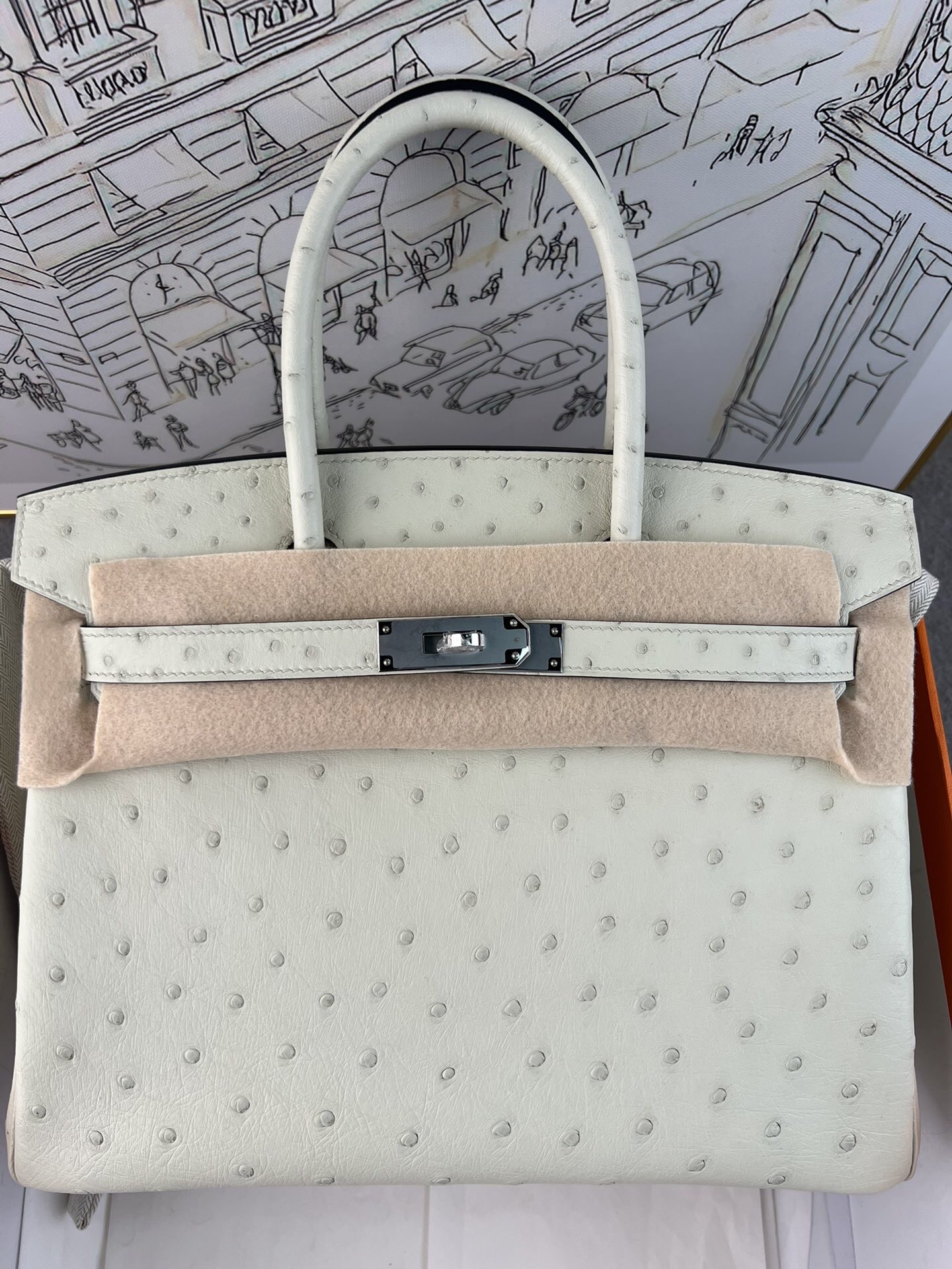 Birkin 铂金 25cm 进口kk鸵鸟皮，手工蜡线缝制，精钢五金，珍珠灰银扣