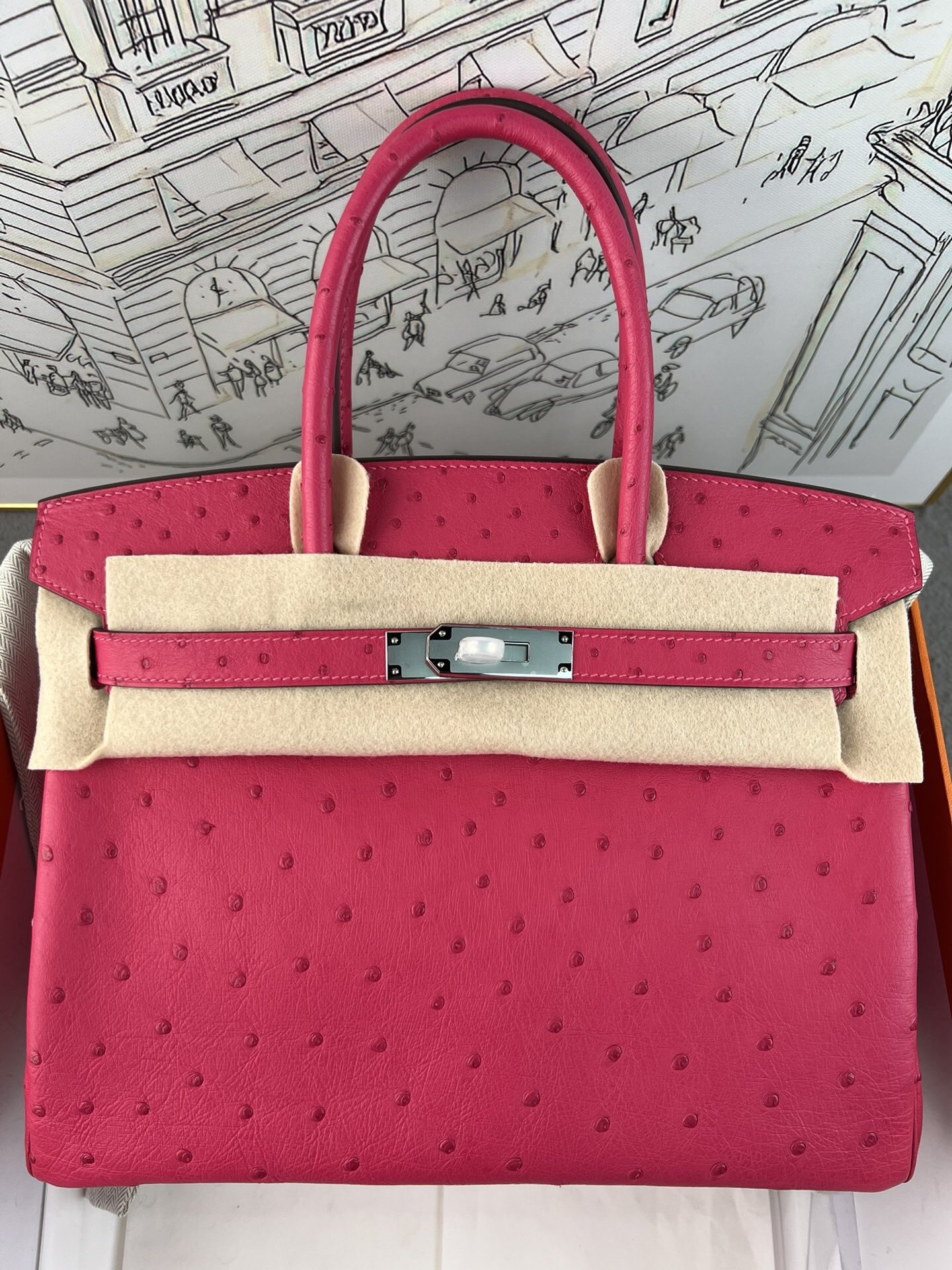 Birkin 铂金 25cm 进口kk鸵鸟皮，手工蜡线缝制，精钢五金，糖果粉银扣