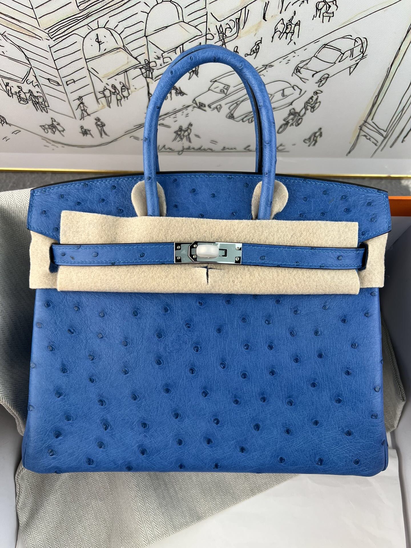 Birkin 铂金 25cm 南非进口kk鸵鸟皮，手工蜡线缝制，精钢五金，7Q海水蓝银扣