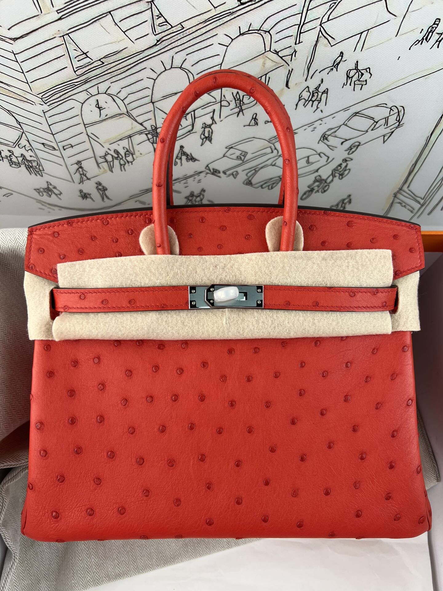Birkin 25cm de platino, piel de avestruz kk importada de Sudáfrica, cosido a mano con hilo encerado, herrajes de acero …