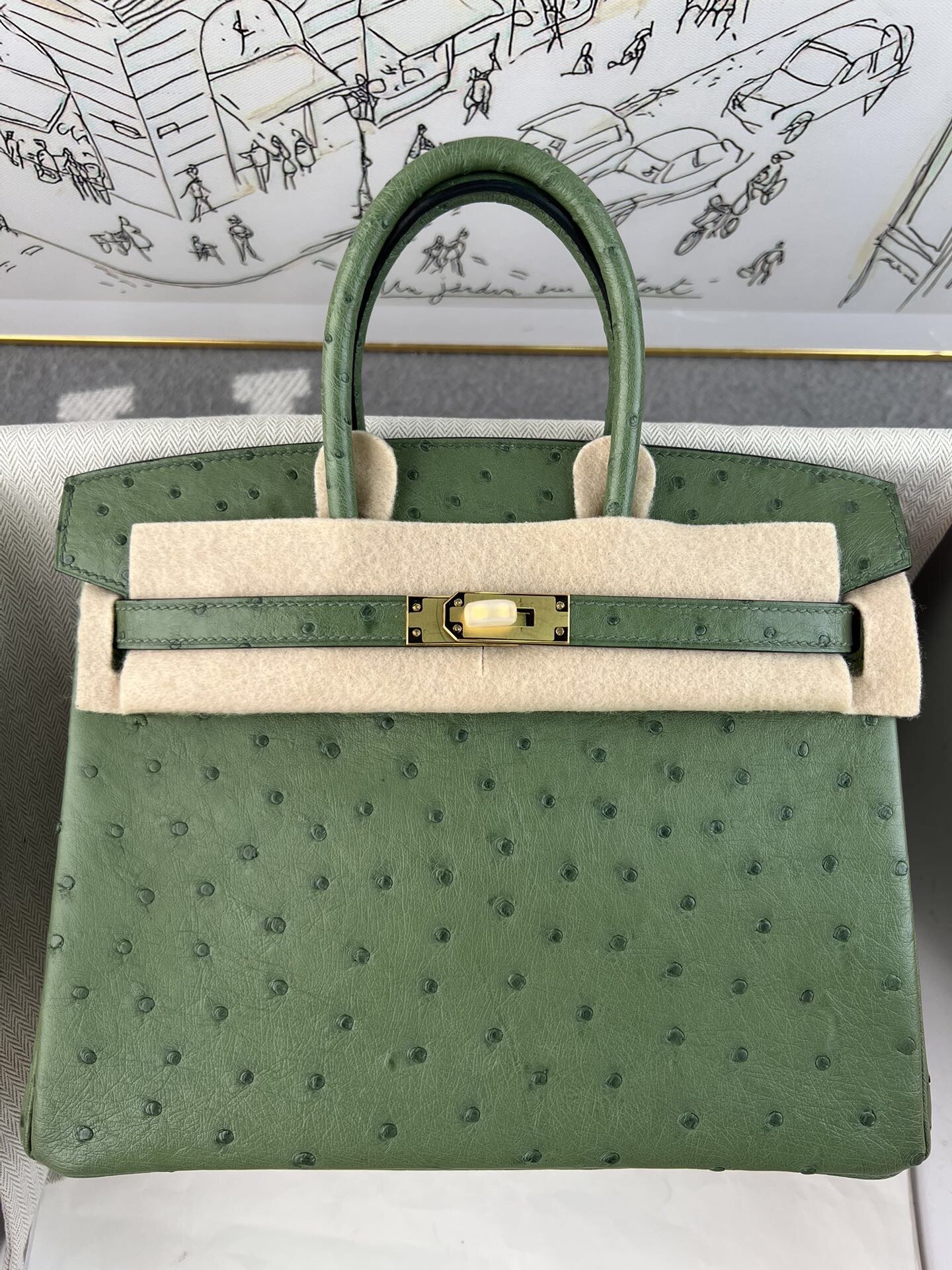 Birkin 25cm de platino, piel de avestruz kk importada de Sudáfrica, cosido a mano con hilo encerado, herrajes de acero …