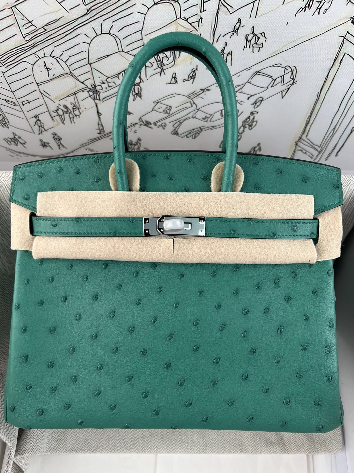 Birkin 25cm piel de avestruz kk importada de Sudáfrica, cosido a mano con hilo encerado, herrajes de acero fino, azul p…