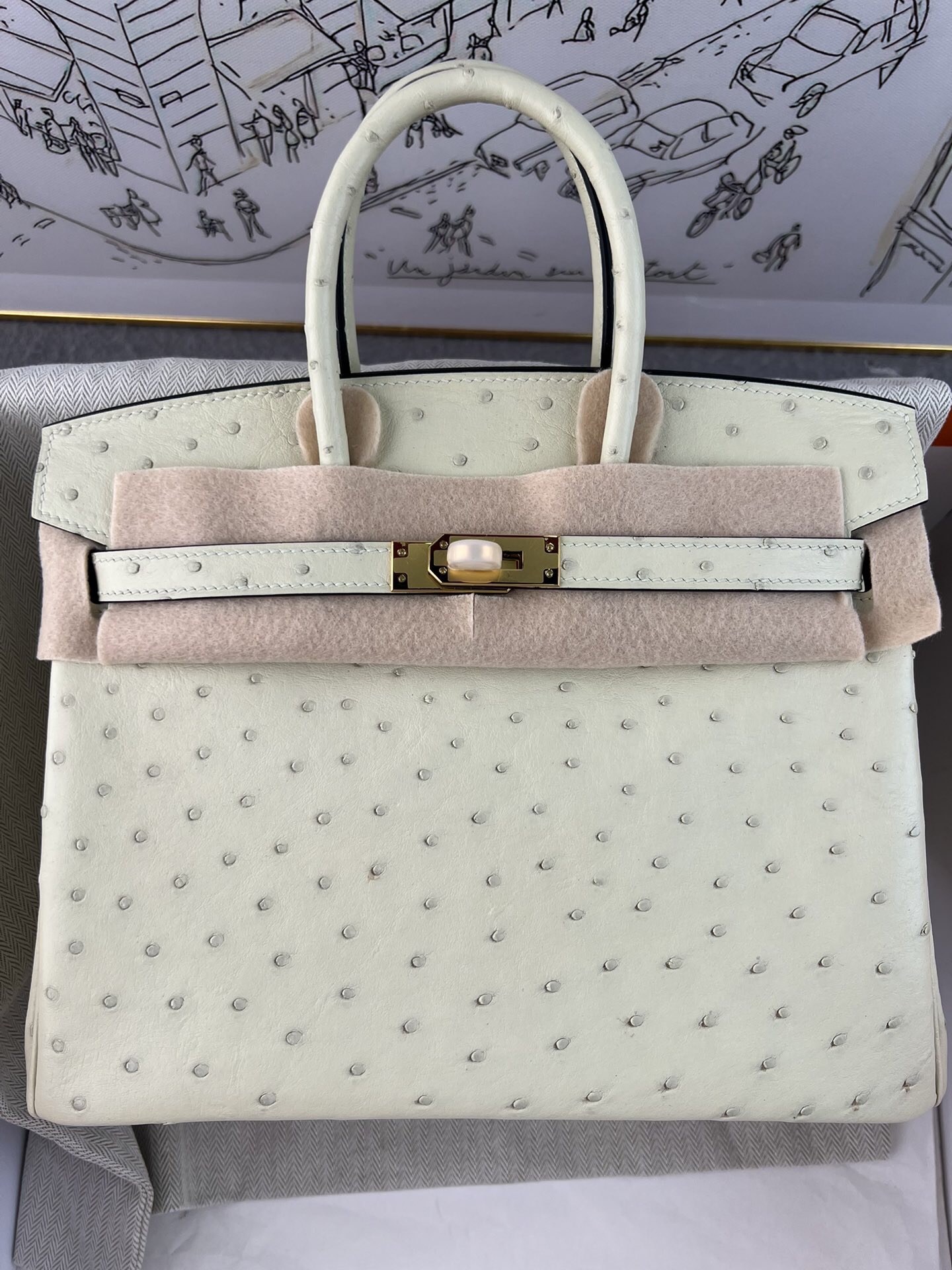 Birkin 25cm piel de avestruz kk importada de Sudáfrica, cosido a mano con hilo encerado, herrajes de acero fino, blanco…