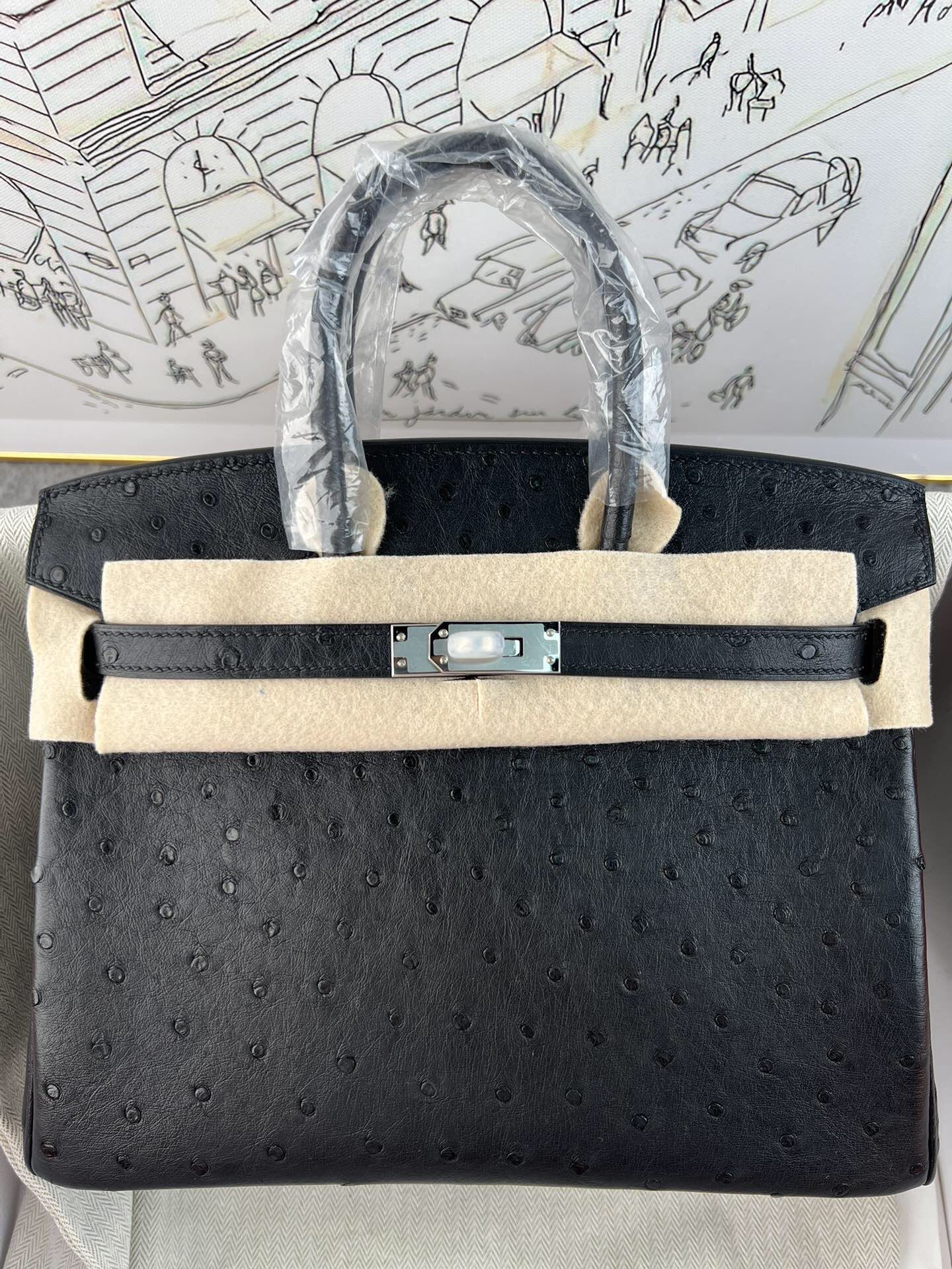 Birkin 25cm de piel de avestruz kk importada de Sudáfrica, cosido a mano con hilo encerado, herrajes de acero fino, neg…