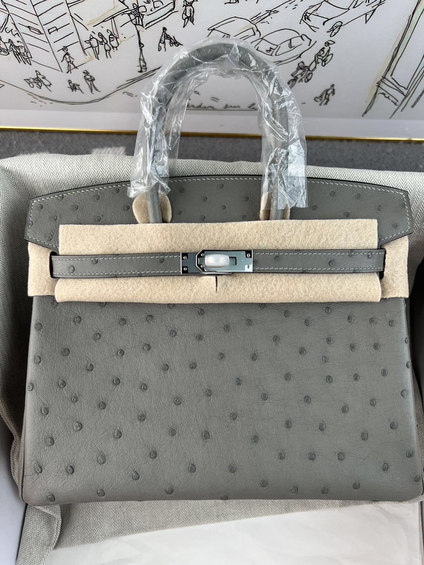 Birkin 25cm de piel de avestruz kk importada de Sudáfrica, cosido a mano con hilo encerado, herrajes de acero fino, gri…