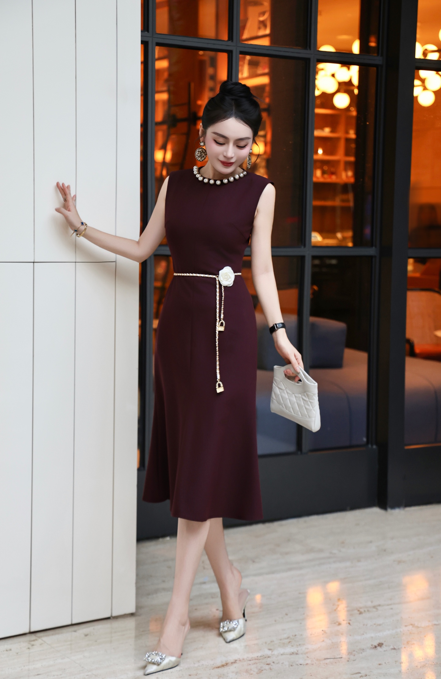 Elegant Pearl Collar Sleeveless Mermaid Dress with Camellia Belt 5 i1755849448382 9492 0 0