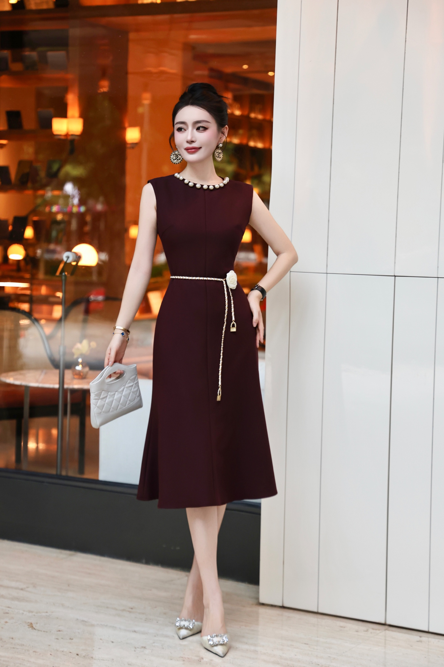 Elegant Pearl Collar Sleeveless Mermaid Dress with Camellia Belt 8 i1756032025101 8775 0 7