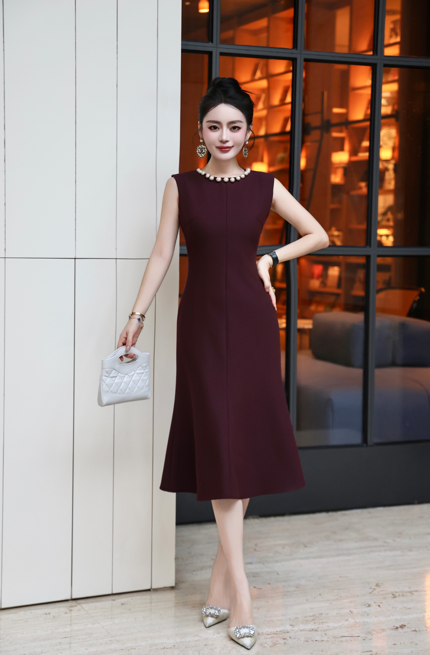 Elegant Pearl Collar Sleeveless Mermaid Dress with Camellia Belt 7 i1756032025120 3442 0 6