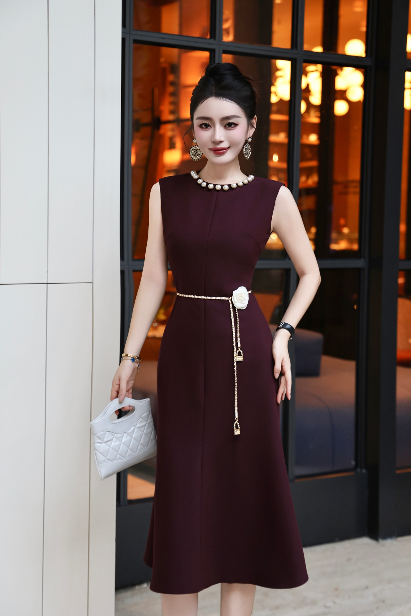Elegant Pearl Collar Sleeveless Mermaid Dress with Camellia Belt 3 i1756032026397 4195 0 2