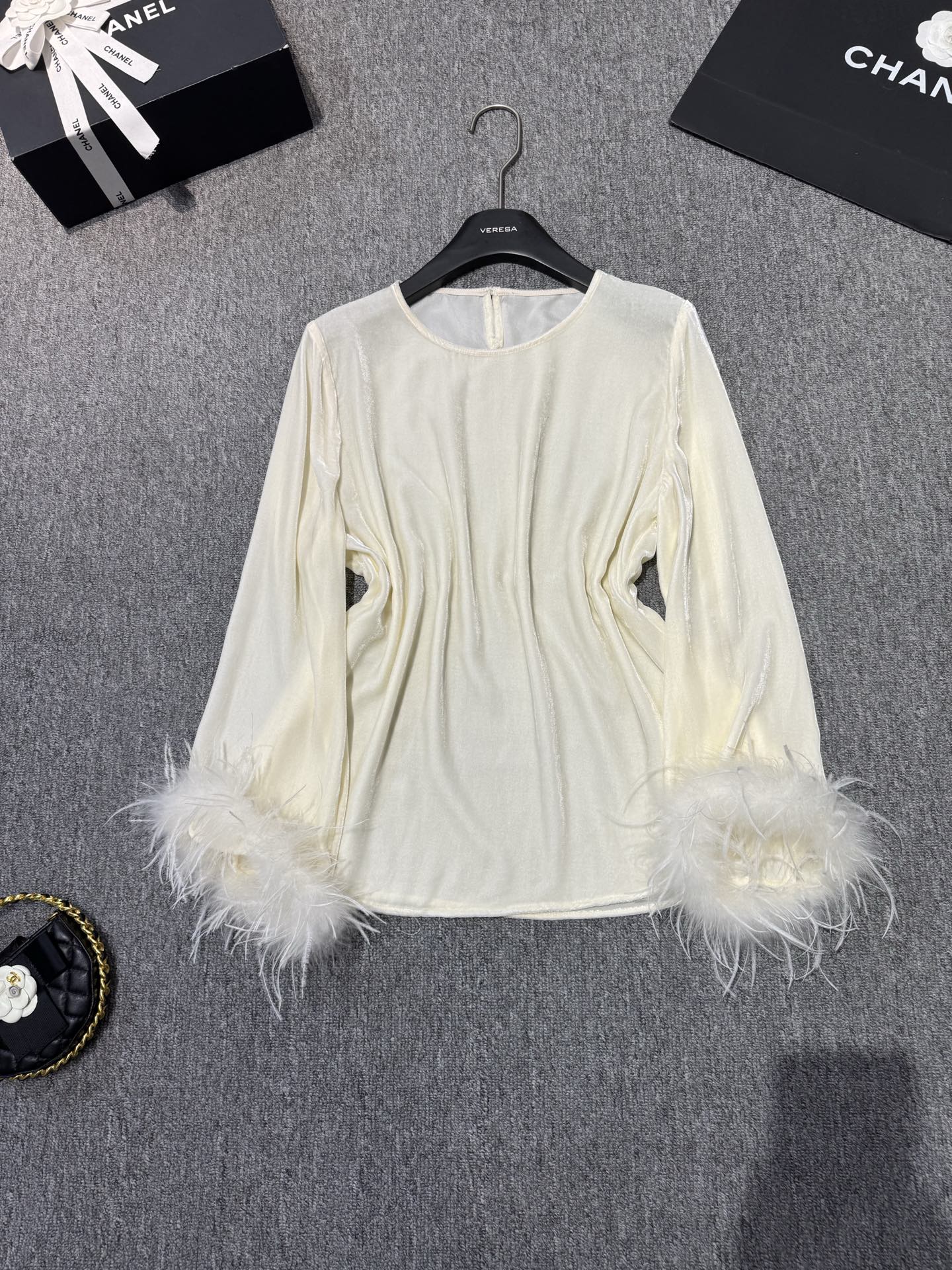 Elegant Velvet Top with Ostrich Feather Cuffs - Versatile & Chic