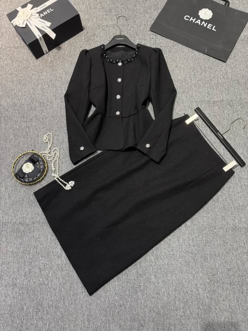 Elegant Women's Black Skirt Suit Set with Pearl Detail & Silver Buttons 1 Elegant Women's Black Skirt Suit Set with Pearl Detail & Silver Buttons