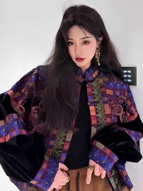Silk Velvet Baseball Jacket with Miao Embroidery & Chinese Knot Buttons 1 Silk Velvet Baseball Jacket with Miao Embroidery & Chinese Knot Buttons