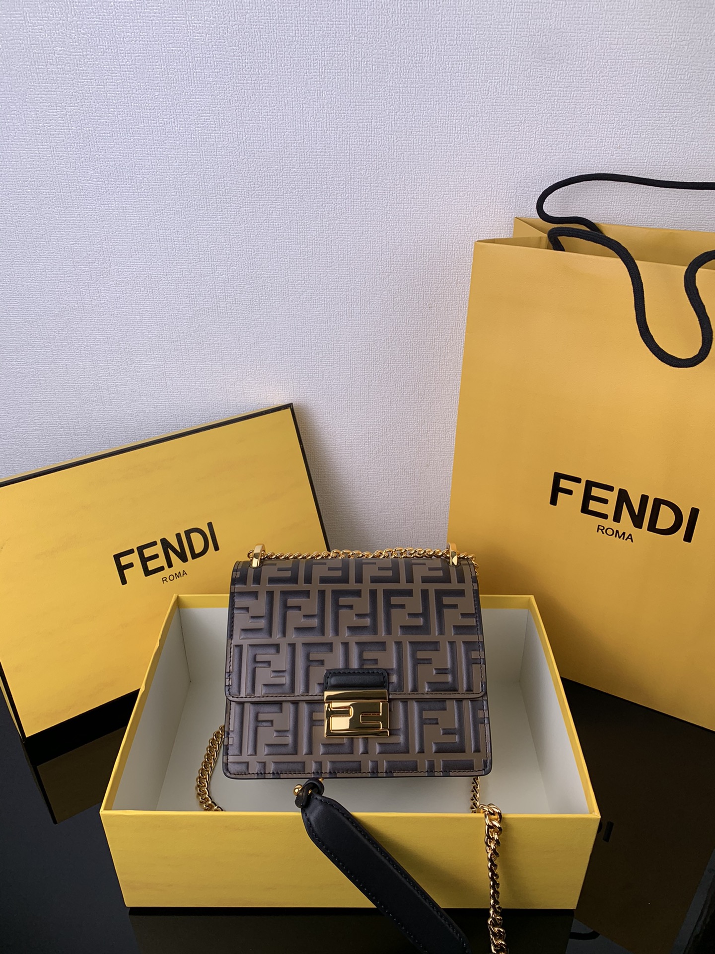 Fendi Kan I Small Chain Bag in Black Calfskin with Mocca FF Embossing, Style No. 5013, Size 19x14x9 cm. image 1
