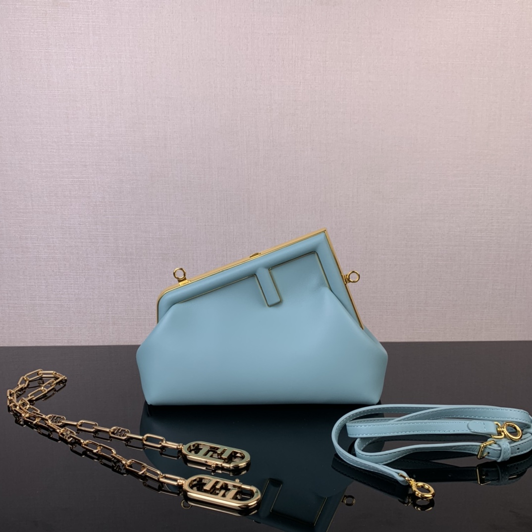 In stock ✔️ Hot item - Fendi First, love it! All so beautiful, must have 💫💫💫 Note: Chain ⛓️ sold separately ☘️☘️☘️ F-shaped design, cloud-shaped bag, timeless texture and elements. Mint green lambskin with superb feel, classic monogram interior. Can be handheld or crossbody, exudes luxury. Looks great any way you wear it, super versatile and stylish. Model 8B127, size 26 x 18 x 9.5 cm. image 1