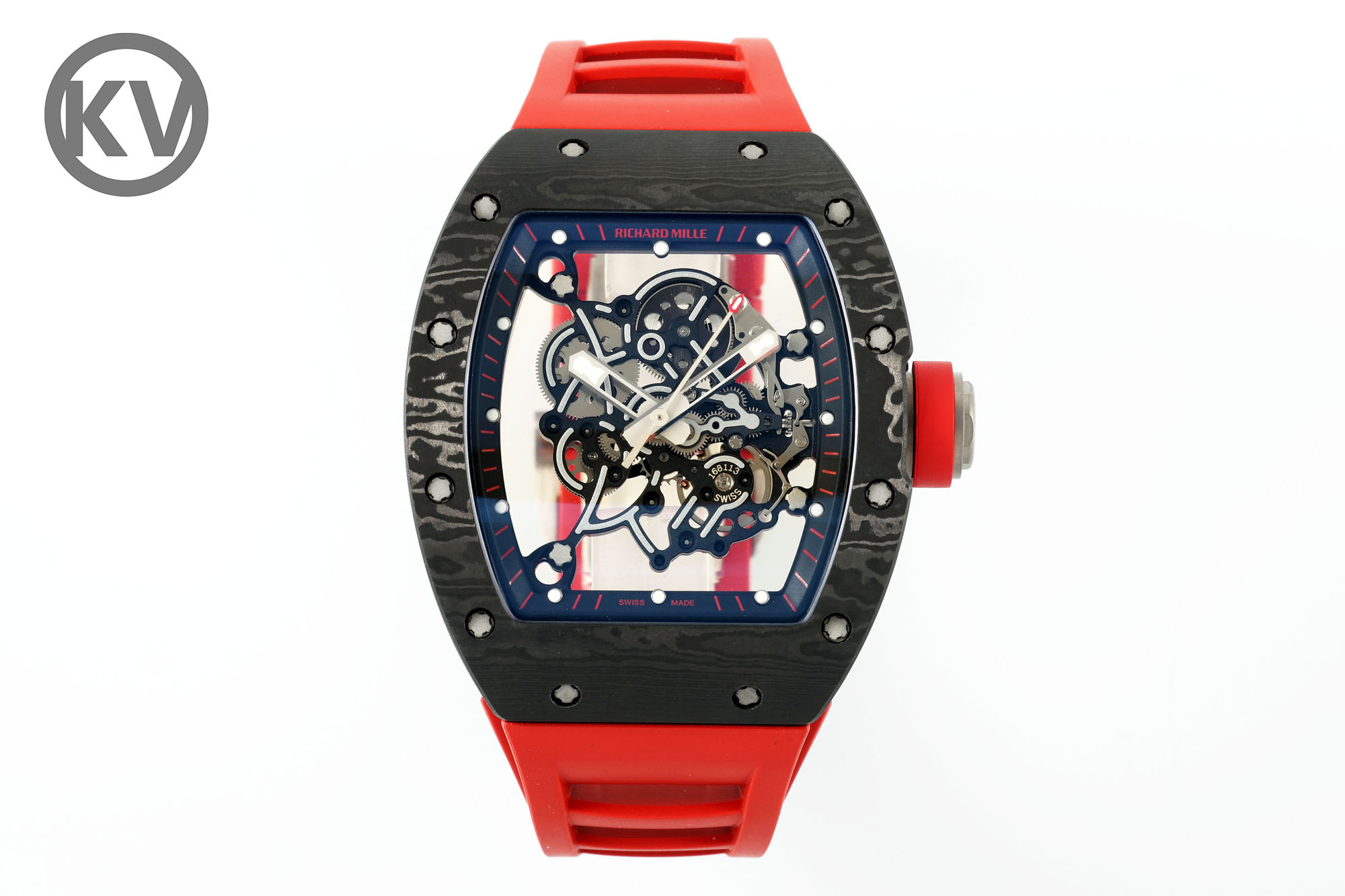 NO:158067,KV new product: Return of the King!  RICHARD MILLE RM LIFE watch. KV factory's RM-new technology highlights: ①: Use Dandong Caliber RMUL2 all-in-one machine, with super powerful power reserve and all gears running the same as the genuine product. ② Imported NTPT carbon fiber case, with white hammer texture, oily luster, thickness and size consistent with the original version. The inner liner is made of five-level aviation titanium metal, which is strong and high temperature and corrosion resistant. The whole watch is very light and weighs only 74.3g. ③ Natural FKM fluoroelastic tape, comfortable and soft to wear. ④ Watch buckle, titanium metal material for screws. KV has always been loved by watch players. This model uses more perfect technology, upgraded shell sleeves and equipped with Dandong machine, and a more reasonable price is presented to consumers!  ,19860909KV新品:王者归来！RICHARD MILLE理查德米勒RM缕空腕表. KV厂此款RM-全新技术亮点: ①:采用丹东机Caliber RMUL2一体机,动力储存超强,所有齿轮和正品一样运转. ②进口NTPT碳纤维表壳,纹理呈白霰纹,油亮光泽,厚度和尺寸与原版一致,内胆采用五级航空钛金属,坚固而高温耐腐蚀,整表非常轻盈,克重只有74.3g. ③天然FKM氟橡胶带,佩戴舒适柔软. ④表扣,螺丝专用钛合金属材质. KV一直深受玩表者喜爱,此款,采用更完善技术,壳套升级和配用丹东机,更合理价格全新呈现给消费者！,,Watch