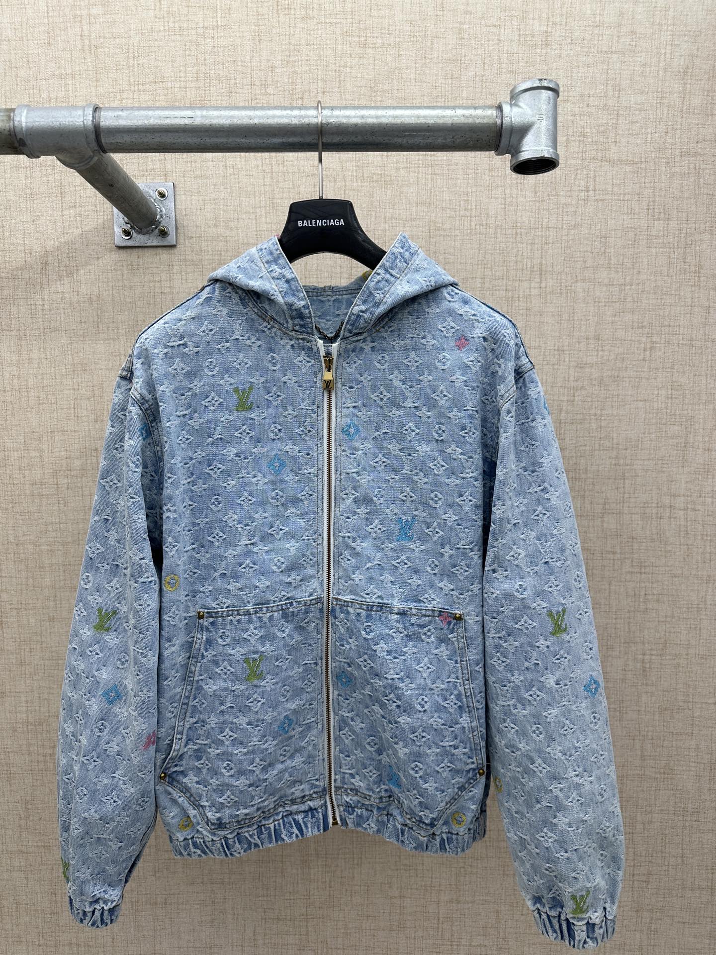 Louis Vuitton Monogram Embossed Denim Zip-Up Jacket with Hood